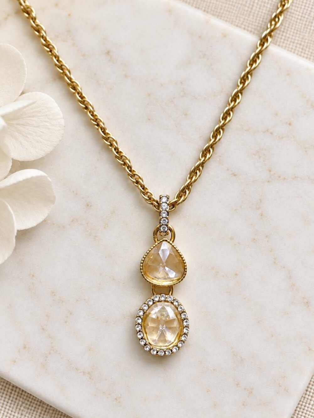 Vintage Monet Champagne Crystal Gold Tone Pendant Necklace